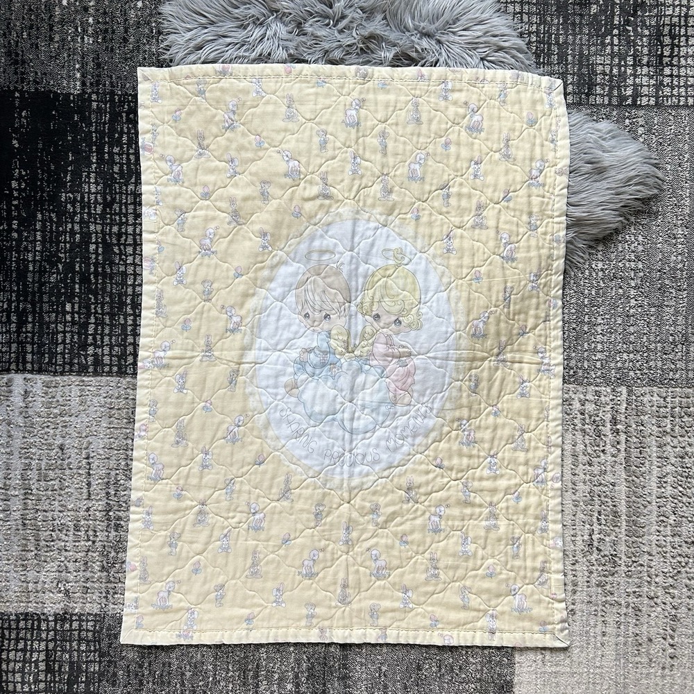 Vintage 80s/90s Precious Moments Yellow Baby Quilt Retro Nursery 44"x35"
